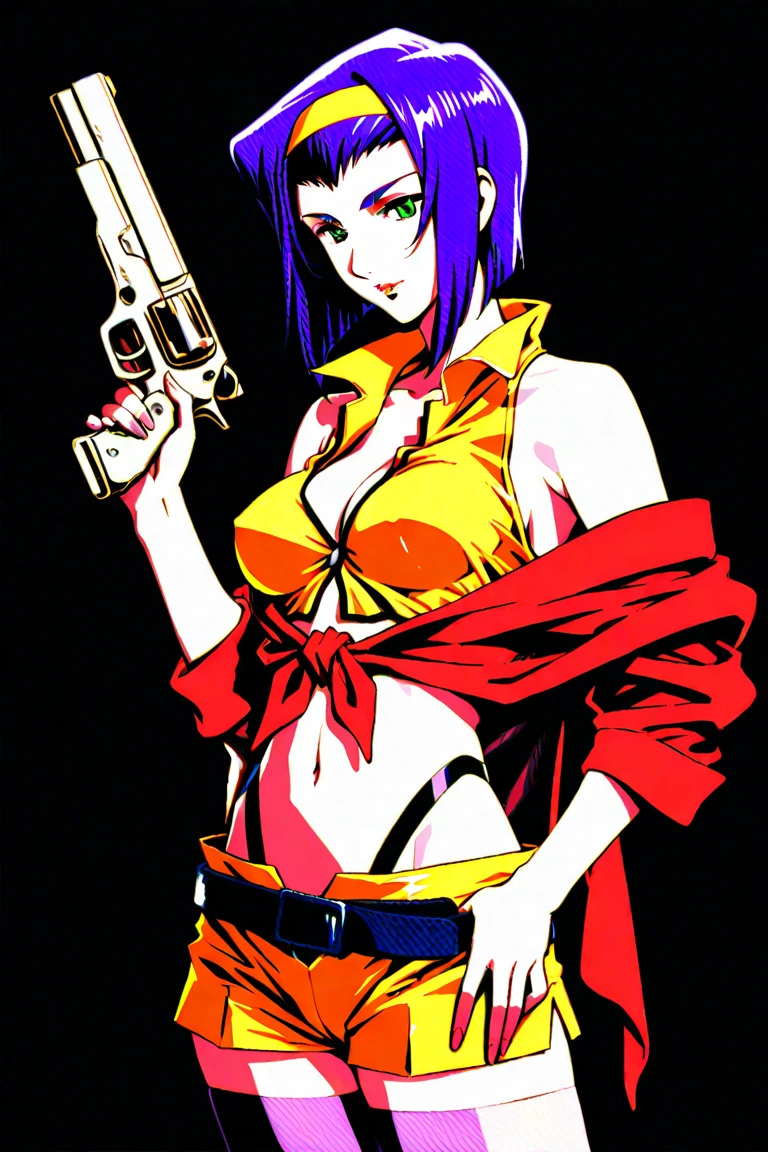 (anime artwork, Anime Style, Studio Anime, Very detailed, up to date, Vibrant, Anime Coloring, High Contrast, masterpiece:1.2, highest quality, Best aesthetics), Cowboy Bebop_Artistic, Faye Valentine, 23 year old woman, (Purple Hair, short hair, Green Eyes), (Yellow headband, Yellow sleeveless shirt, Cropped tops:1.2), (((There is a knot on the front)Red jacket:1.2)), Expose your shoulders:1.4, (Yellow hot pants:1.4), (White boots), (Dynamic Angle), (Ready your gun?, Glock 30:1.2, Gun Action, ), Simple Background, Plain background.
