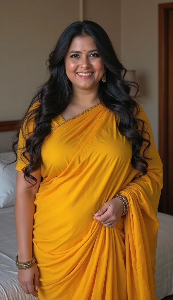 Indian woman((30year old)), eyeing eyes, brown eyes, (((wearing yellow saree, seductive saree))), (((wearing necklace, bangles, thin waist chain))), (((rearing's))), looking at viewer, standing in the room, in the house, beautiful sexy body, curvy, chubby skin, smiling, red lips, eyeshadow, gold ornament, alluring body, ((good proportion)), seducing, realistic background, pose, black wavy hair, chubby women, front focus,