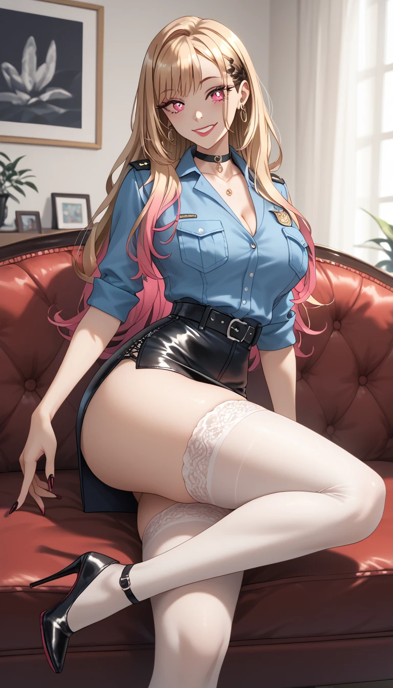 One beautiful mature woman, alone, Gorgeous face, (blush)、((Wearing a police uniform)), ((Spread your legs)), With an ass like that, Grin、Red lips, eye shadow, eyeliner, Huge breasts, Thighs Thighs, Please sit down、Pink Bob Hair, lingerie, (masterpiece, Highest quality, 8k, Realistic)