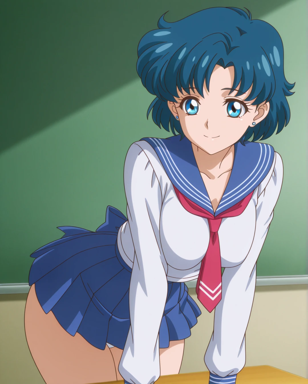 masterpiece, best quality, beautiful art, high resolution, well formed hands, body and fingers, 1 woman, solo, Sailor Mercury, adult, grown up , big breasted, cleavage, full body, wearing a Iroha Samurai Shodown outfit, maid, hair ornament, black stockings, pelvic curtain, sexy Japanese clothes, sexy sailor senshi uniform, blue skirt lifted, sailor collar, long elbow gloves, gorgeous legs and thighs, ryona , in peril, she is being beaten up by her opponent, she is knocked down and slapped in the face and being slammed against the floor, fainting, receiving the impact of her opponent's attacks, closed eyes, screaming in pain and agony, ryona and perilous scene, bouncing breasts, weak and helpless, martial arts tournament on the beach