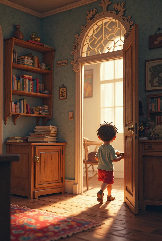 Drawing of a boy finding a magical book in his basement , 6 anos, estilo de desenho infantil.
