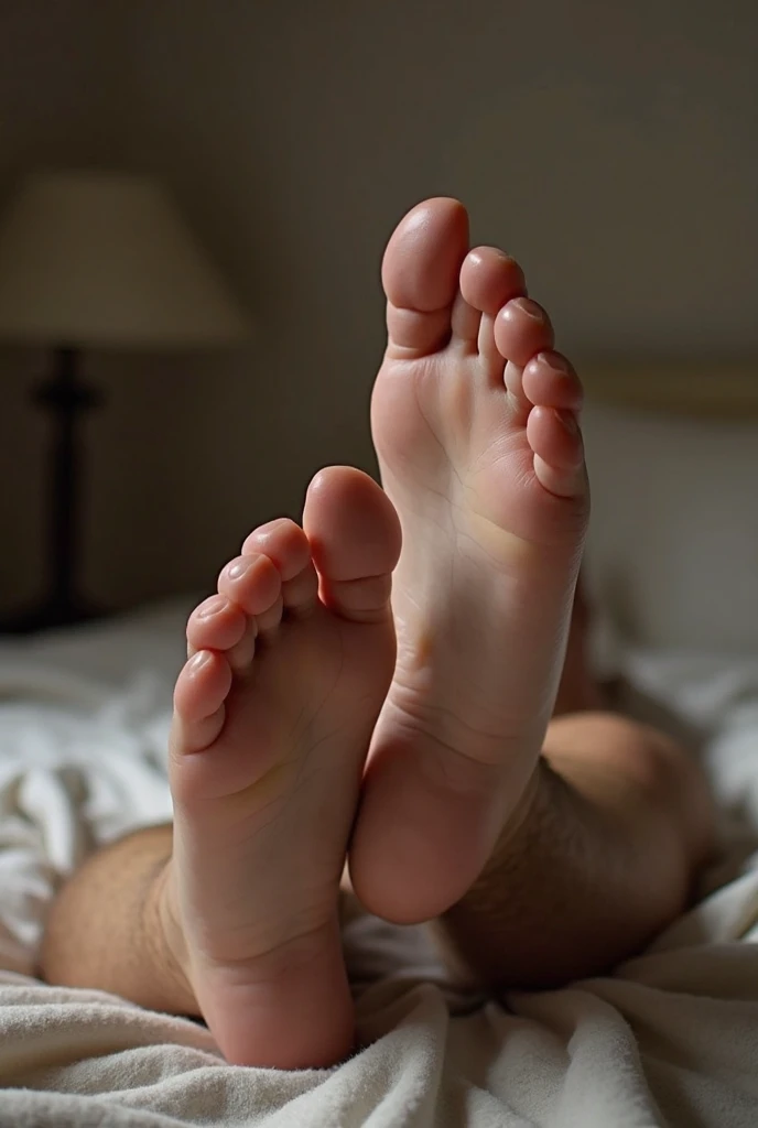 Create a man's feet without clothes so that his penis can be seen very large smiling at him in a bed that is clearly visible, not blurry, without underwear. He should be gay and his legs should be wide open and in the middle his penis, so that his feet look like those of a 26 year old man.