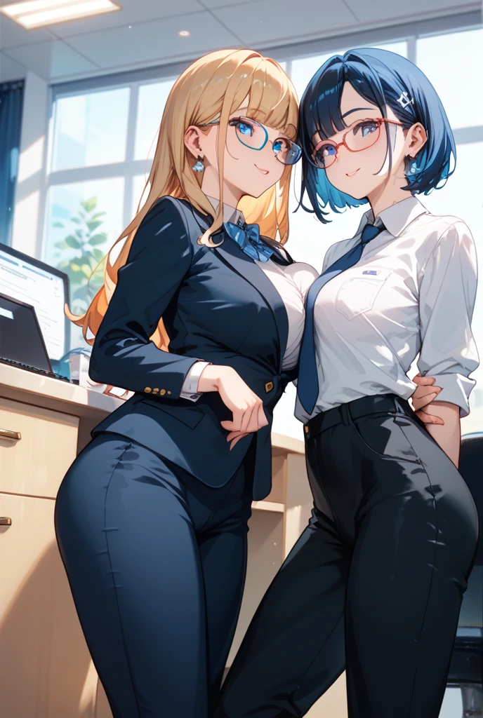 1girl, blonde hair, blue eyes, glasses, rimless eyewear, large breasts, gigantic breasts, sagging breasts, hanging breasts, cleavage, wide hips, thick thighs, teacher, sexy teacher, tight white shirt, open shirt, downblouse, tight black pencil skirt, lace trim stockings, black high heels, sitting on desk, leaning forwards, smile, 8k, masterpiece