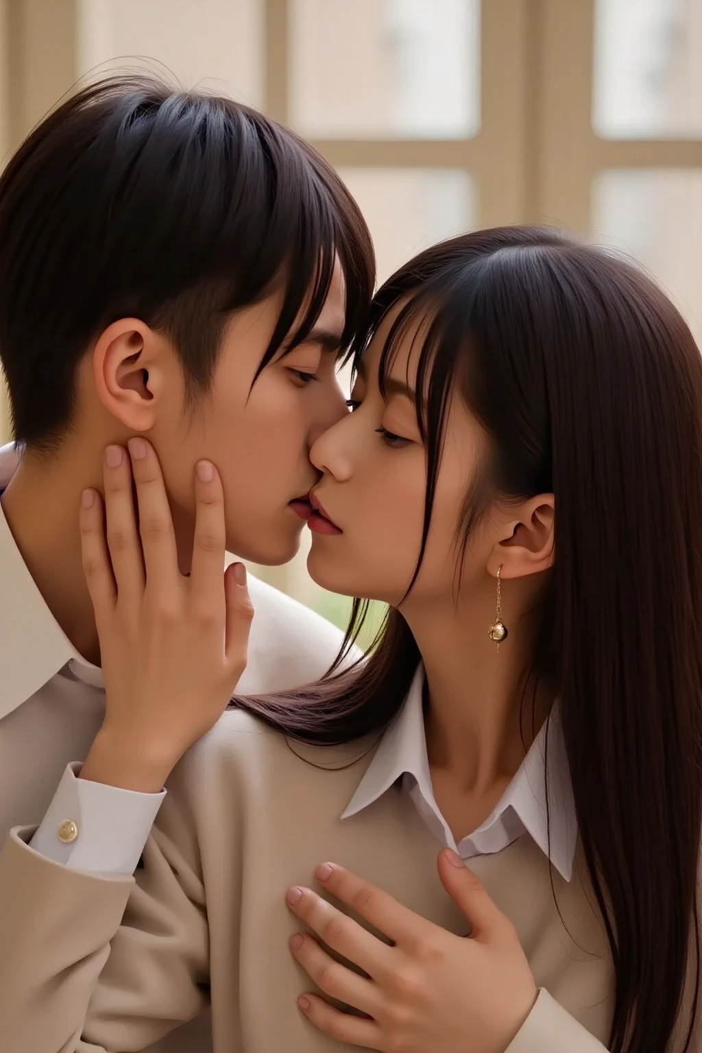 In the car、Sit in the passenger seat、View from the driver's seat、ponytail、woman、Beige bra top、(Kiss the viewer:1.7)、(the chest is covered ,)、(masterpiece、Highest quality)、Clear images、cute、Soaking wet、((20歳のwoman:1.2))、Young and adorable Japanese face、Fresh Skin、8k、(Protruding nipples)、Sweaty、Beautiful skin quality、Beautiful belly button、Beautiful breasts、necklace、Earrings、Soft Breasts、Troubled face、(Hold your head high)、(Kissing expression)、being touched on the cheek、being touched in the face、Lick my face、Licking my lips、Ears licked、Having your ears touched、Being touched on the shoulder、Shoulder licking、A face covered in saliva、