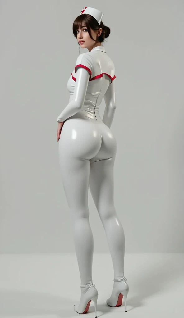 Translucent，Tight latex clothing，No wrinkles，Reflective pants，Perfect body line，pleatedskirt，short  skirt，Pouting ass，stooped，Cocked buttocks，Back view，Five fingers，Open palms，Transparent black gloves，Tiptoe，Barefoot
