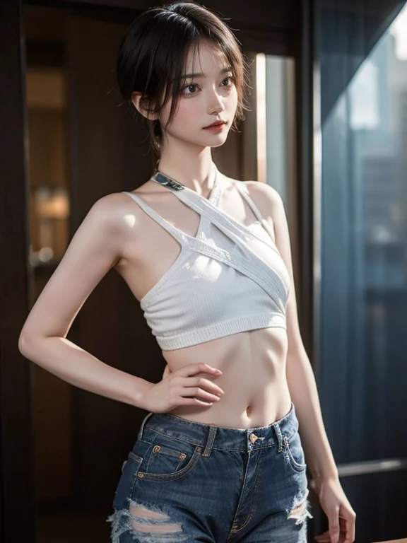 ((Face the front of your body at the camera:2.0)), ((Tube top:2.0, suspenders:2.0, pants:1.8)), (Clothing:2.0, スキニーpants:2.0, suspenders under Tube top:2.0, sneakers:1.5), ((In town:1.5)), ((A grin:1.2, Small breasts:1.5, slender:1.5, Small Ass:1.5)), ((Japanese, 1 Girl, 18-year-old, 7 heads, Ideal body proportions, Black Hair, With bangs, Small breasts, Erect nipples, slender, Small Ass, Beautiful feet, Skinny Legs)), Surrealism, Cinematic Lighting, Depth of written boundary, First Person View, Boobs F/1.8, 135mm, Ticker, Mastepiece, Curate, ((Anatomically correct:1.3)), Textured skin, Super Detail, High detail, High quality, Awards, Best Quality, High resolution, 8K