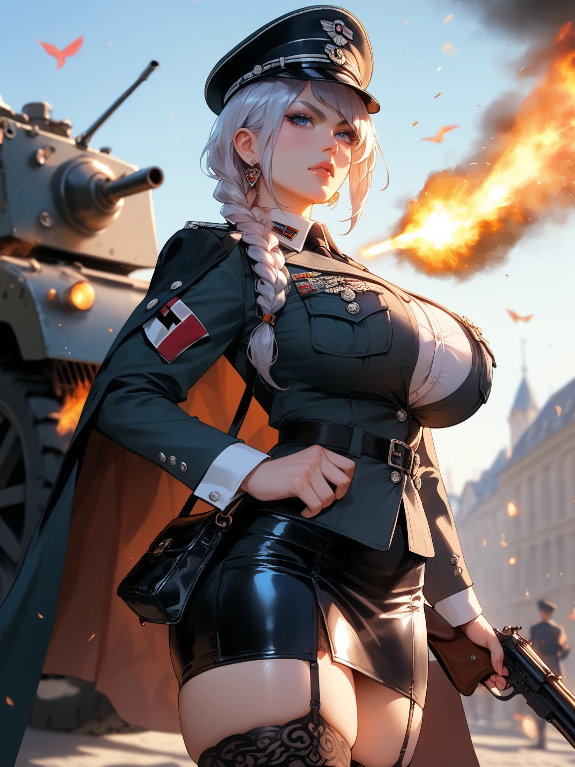 (master part, 8k) Woman in German military clothes, cabelo de verdade, cybernetic arms, (ao lado de um obuseiro) cabelos azuis