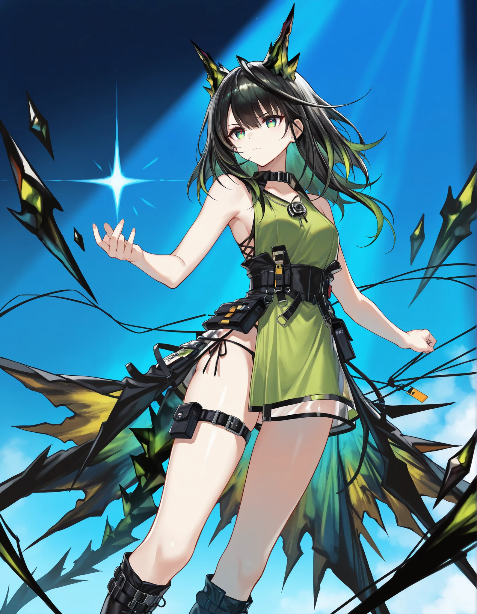 ((Ultra detailed)),nsfw、mon3tr \(operator\) \(arknights\) 、 ((Serious expression))、((beautiful detailed eyes))、((score_9, score_8_up, score_7_up, score_6_up)), ((8k)),(zPDXL2), ((masterpiece)), ((best quality)), ((highest quality)), (highres), (absurdres), ((extremely detailed)),source_anime, 1girl,solo、animal ears,long hair,black hair,multicolored hair,green hair,sidelocks,hair between eyes,bangs,green eyes、collar,bare shoulders,off shoulder,black collar,((green dress)),sleeveless dress,side slit dress,black tunic,,thigh strap,、((bare arms))、て、 (girl is slender:1.3)、(the girl have Slightly large small breasts:1.2)、knee boots,black footwear、((jumpping))、((fighting))、(dark research facility:1.4)、(the girl's black string panties visible:1.3)、(Blue light coming from hands:1.4)