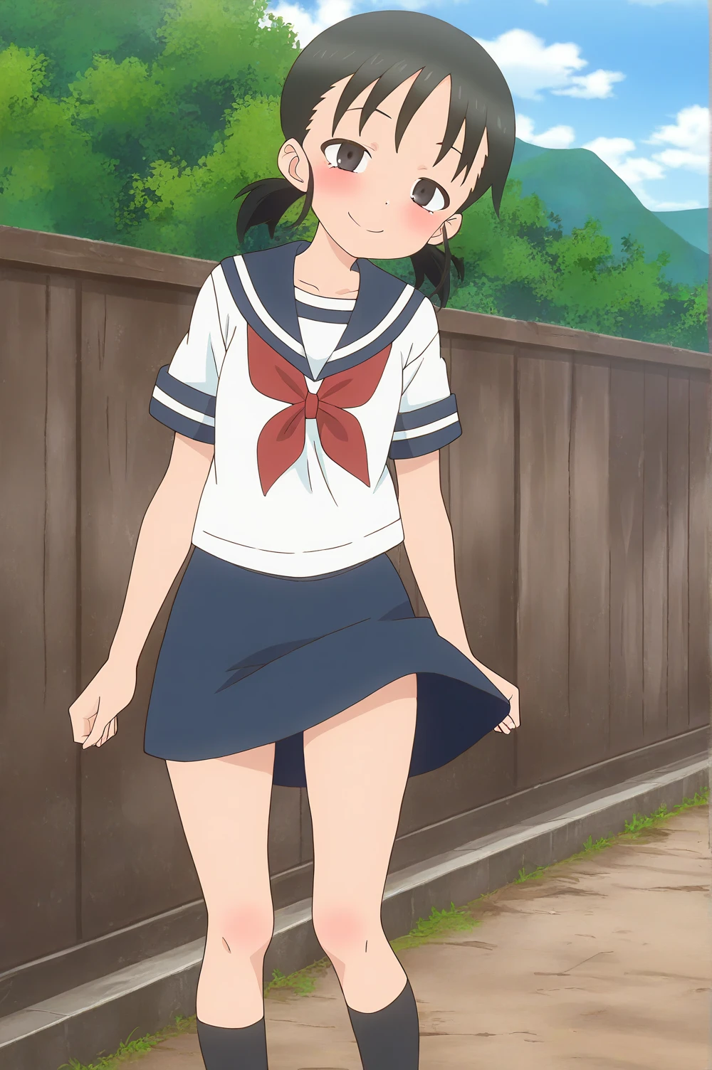 One Girl, alone, whole body, blush, smile, I401KC, Brown Hair, Short ponytail, White shirt, Sleeveless,One piece swimsuit, Bare arms, Sleeveless shirt, headgear, School Swimsuit, Sunburn, Sunburnlines, dark skin, Wear a swimsuit under your clothes, Sailor shirt, Orange sailor collar, 
