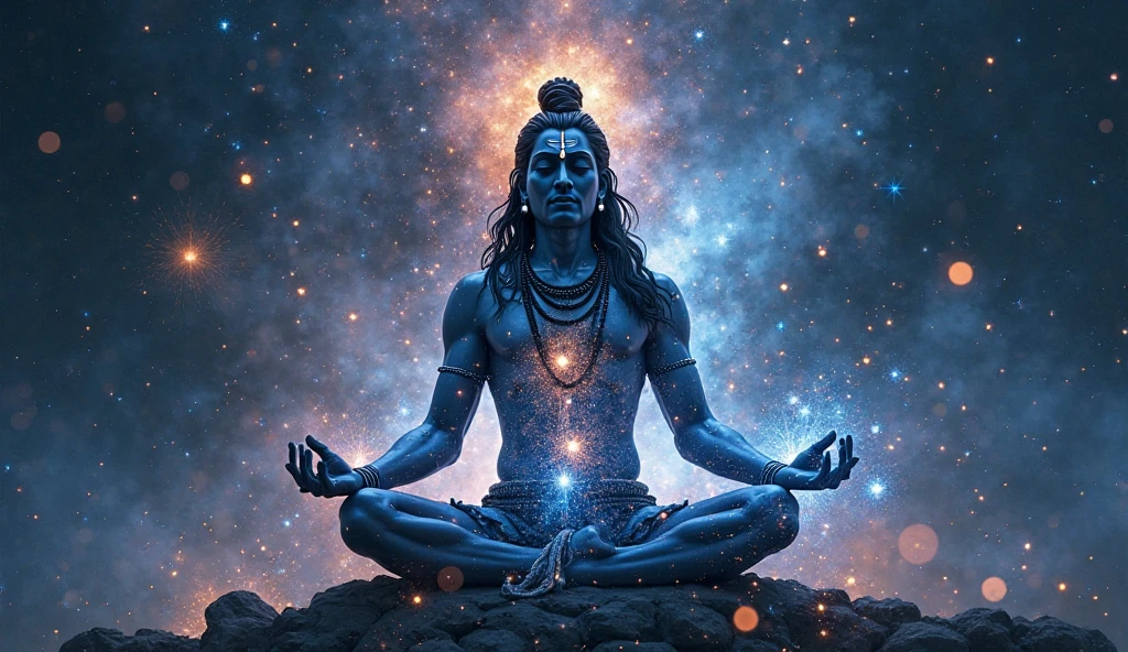 a man (fit big body ,blue body, head's eye,goddess cloth , background big om latter lite,near stand trident, background om latter)sitting on mountain flight shiva, lord shiva, god shiva the destroyer, hinduism, hindu gods, neck around snake , devainart, by Max Dauthendey, shakti, beautiful depiction, goddess art, inspired by Kailash Chandra Meher, hindu art, hindu god, nirvana, vish ,devi Parvati and bhagavan shiv shankar (hindu)
,dark maditation position