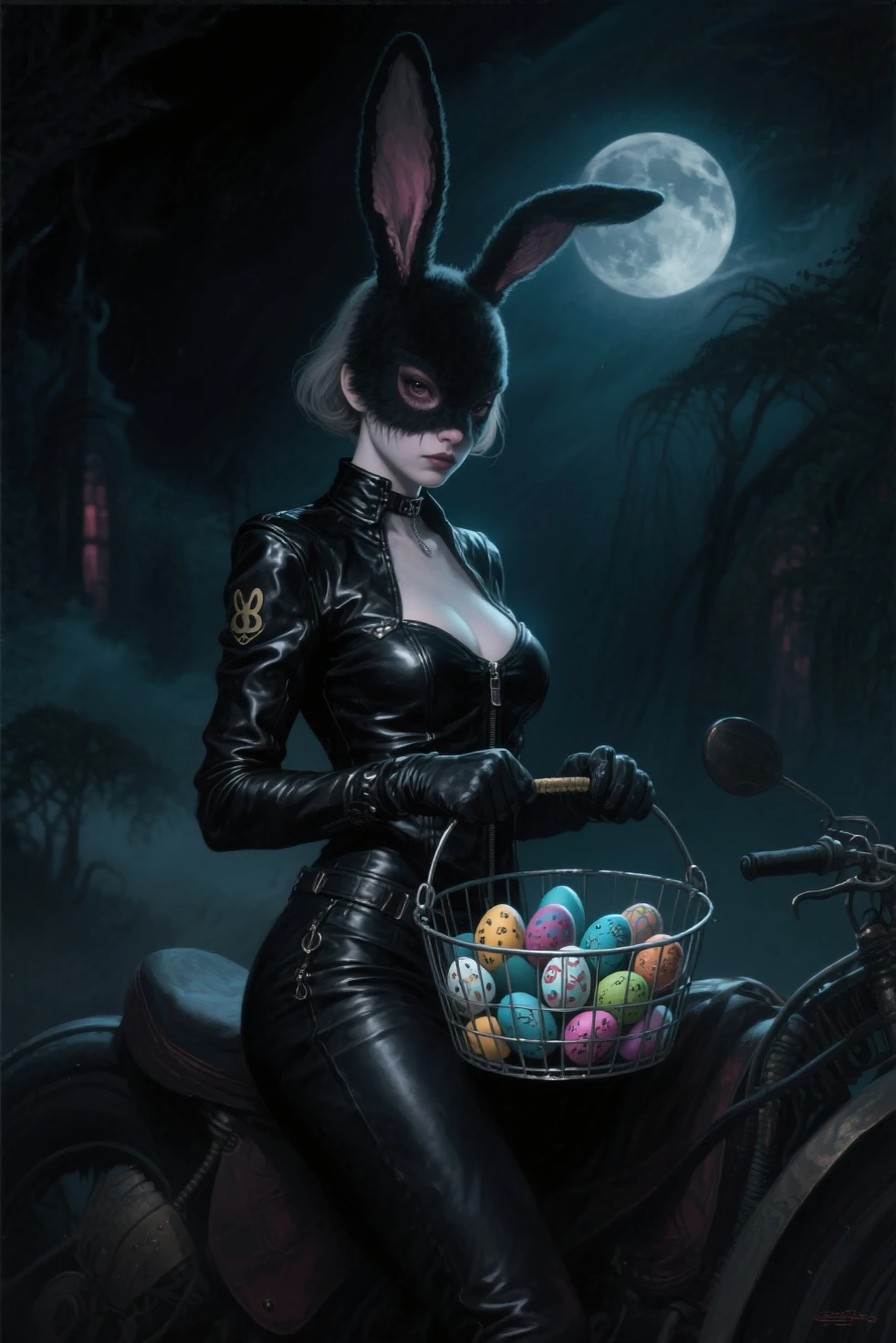 By chelodoy,2 girls, Judy hopps, sexy naked outfit , stockings, sitting on the skeleton, red eyes, glowing eyes, smirk, holding skull, on the graveyard, fog, night, (detailed face, detailed eyes) one girls is sitting and showing her big ass