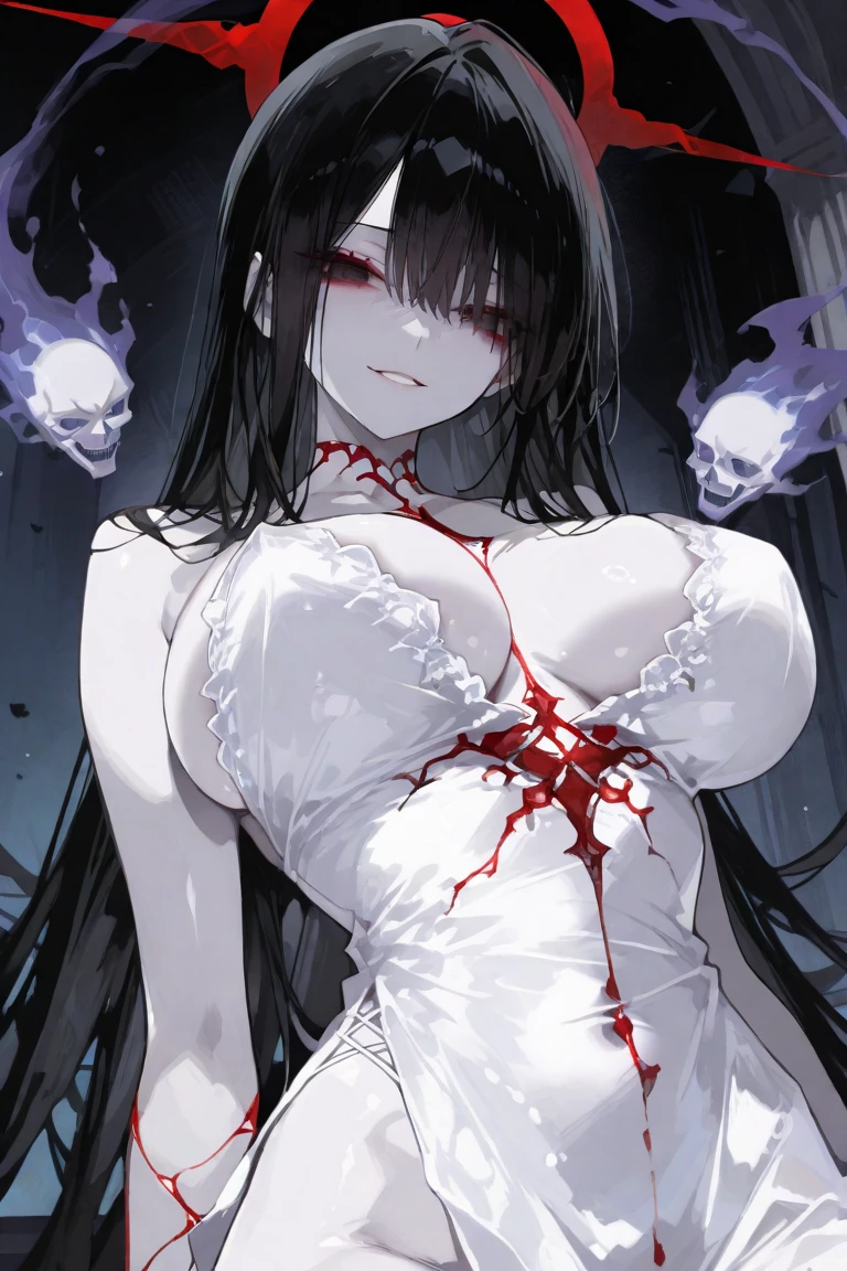 ((super detailed)), (red eyes), black hair, black kimono, open kimono, , huge breasts,, ((bloody clothes)), smirk, (blood), evil smile, ((black and white)), ((monochrome)), (greyscale), ((blood)), ((blood splatters)), sitting, (bloody background), (bloody clothes), (blood in foreground)