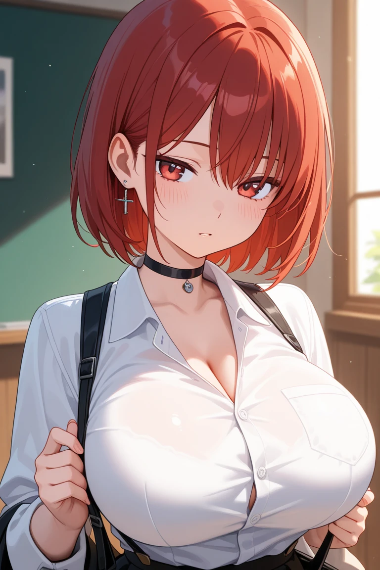 Woman 30 years, beautiful face, short red hair, nurse nurse, tight white clothing, unbuttoned blouse, no buttons, no bra, no bra, beautiful soft breasts, close-up, slightly wide hips, big ass, thigh gap