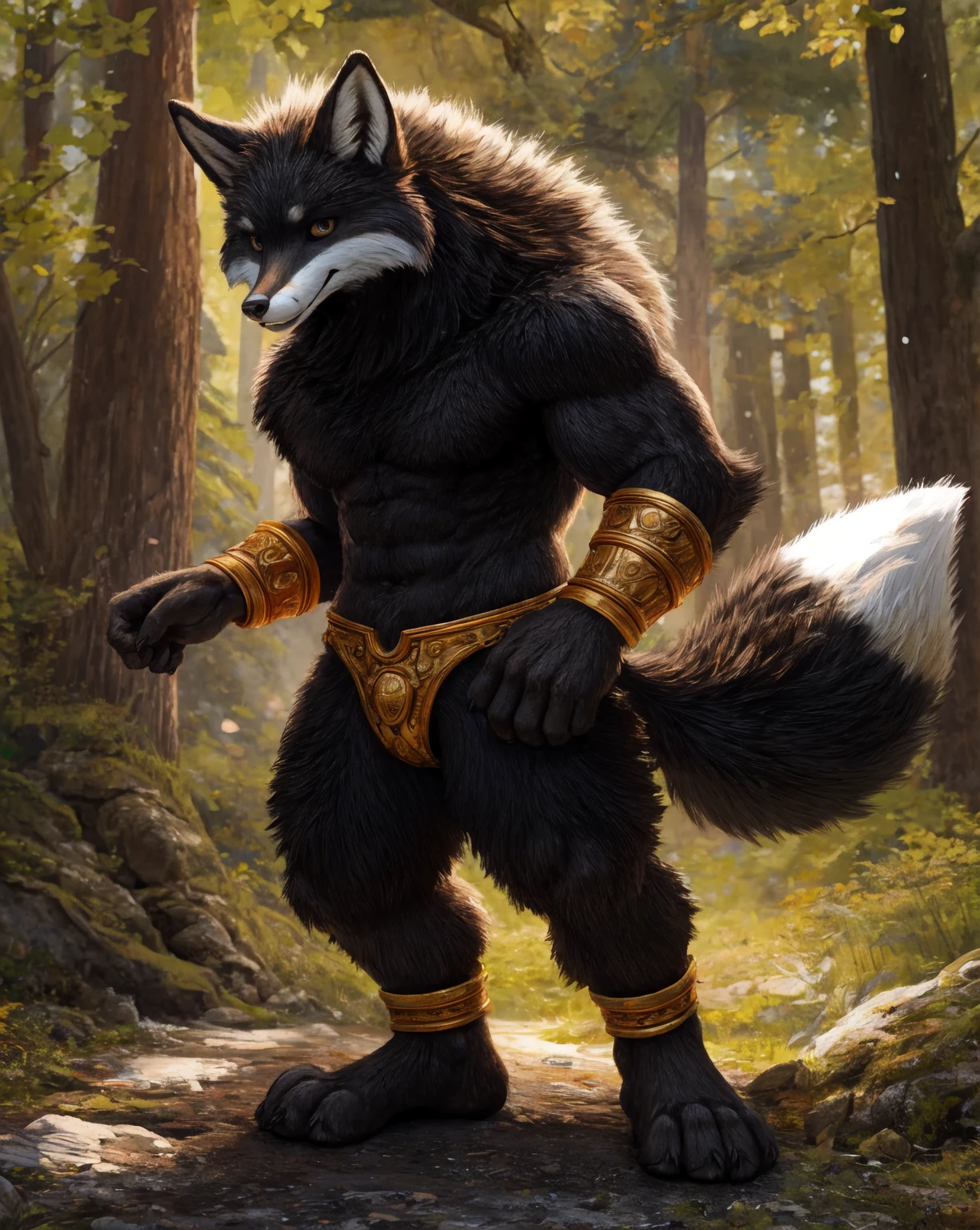 solo, 1boy, a huge muscular furry brown fox, walking in a fantasy world, magic forest, glowing plants, massive muscular body, huge pectoral muscles, thick powerful arms, cinematic lighting, dramatic atmosphere, detailed realistic fur, sharp claws, intense gaze, (best quality,4k,8k,highres,masterpiece:1.2),ultra-detailed,(realistic,photorealistic,photo-realistic:1.37),fantasy,concept art,digital painting