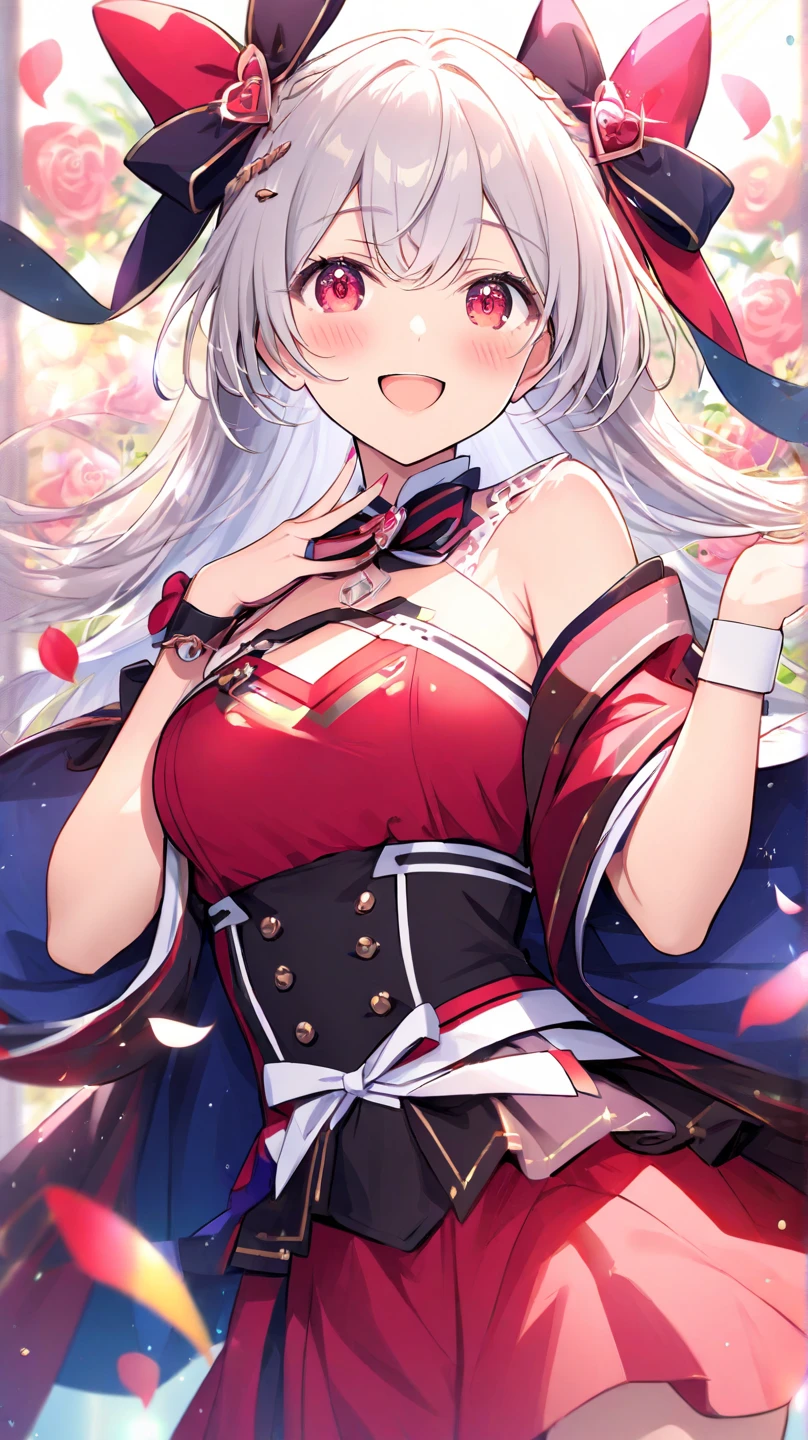 (Masterpiece), (Top Quality Anime Illustrations), (Super Definition), One Girl, Solo, Silver-haired Beautiful Girl, Anime Loli, Cat Ear Loli, Red and White See-Through Santa, Miniskirt Santa, Off Shoulder, Smile, Small Breasts, Cleavage Emphasis, Underboob, Open Stance, Thighs