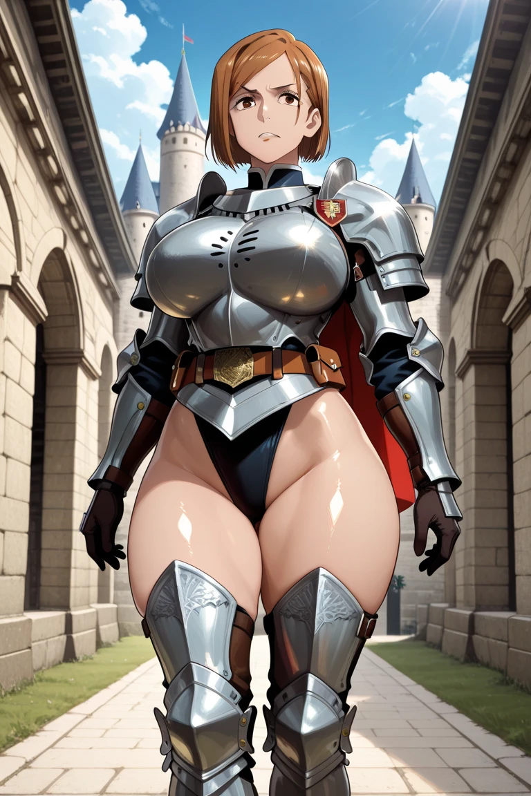(top-quality, in 8K, 32K, masterpiece, A high resolution, Impressionism, Photorealsitic:1.2, anime style), ((detailed faces and eyes, red eyes, beautiful face, red short hair, red lips)), ((knight, black armoured , black armoured hips, black armoured thighs)) Cinematic, 4k,, ((big belly, massive breast,)), fantasy world