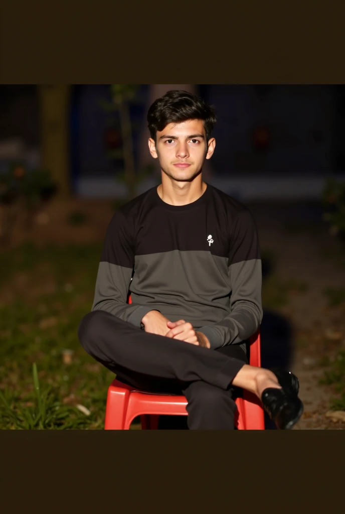 A boy sit on chair front of cumputer and room is blacky dark walpaper and cumputer screen shining and windows are open wall darken white glow 