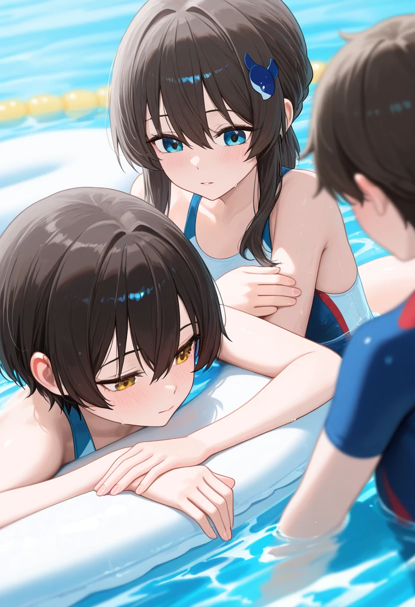 score_9, score_8_up, score_7_up, score_6_up, source_anime, highest quality, masterpiece, ((1boy and 2girl)) , group sex, anal sex ,Blowjob, handjob, A beautiful boy with long hair is being gang-raped by two futanari girls, (boy, medium hair), (girl, futanari, medium breast), the futanari girl's penis is inserted into the boy's anus, the futanari girl's penis is inserted into the boy's mouth, School Swimsuit, School swimming pool