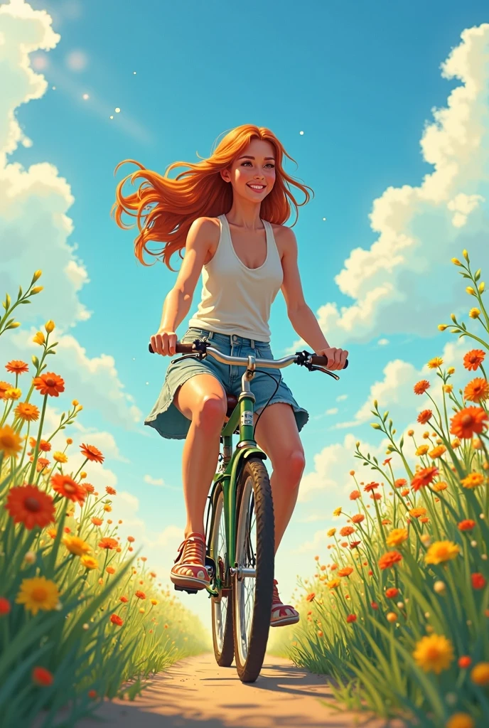 Create a unique birthday invitation featuring Natalia, a beautiful and young 42-year-old woman riding a bike 