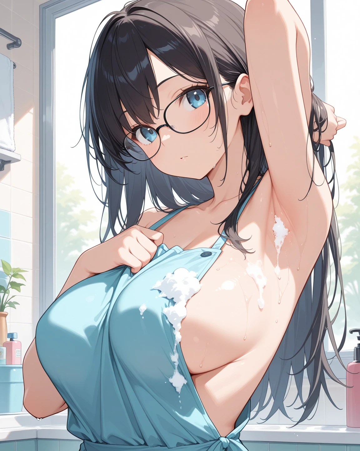 nsfw,(masterpiece:1.3),(cowboy shot,from front),Realistic, (purple eyes), (dark purple hair:1.2), (Rimless glasses:1.2),(18-years-old),(Big Breasts),8k resolution, High quality CG, Beautiful CG,(slim:1.3),Soft Light,(smile:1.3),ultra high resolution,extremely detailed CG unity 8k wallpaper,(Aesthetic Anime Eyes),(Black calvin klein underwear:1.4),(see-through),(wet clothes),(bathroom),(shower),