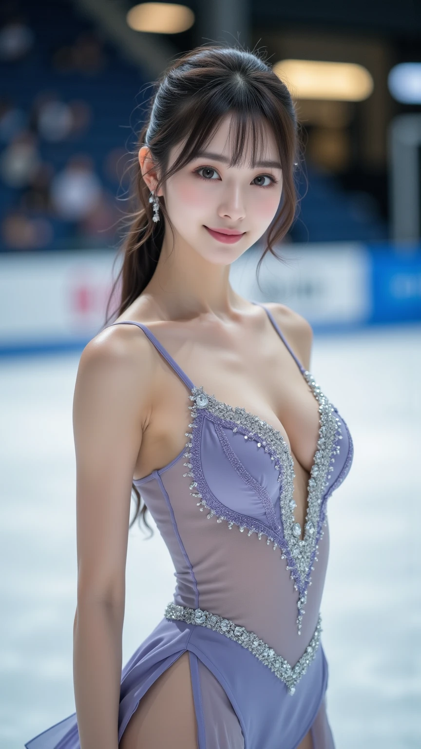 Skating rink((masterpiece)), ((Highest quality)), (Very detailed),(Ultra-high resolution:1.0),(High saturation:1.0),70 years old,Mature wife,Big Breasts,1 person,beautiful ,Delicate skin,whole body,thin,Fair skin, big ,No underwear,Single hair bun,smile,Skating rink,Figure skater,drop down,(Sexy jeweled miniskirt dresses for figure skating,,ribbon, hair ornaments)
