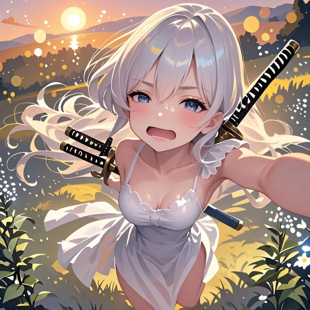 ultra-detailed,best quality,masterpiece,ultra-detailed,high resolution,extremely detailed CG,perfect anatomy,detailed,cinematic lighting,beautiful detailed eyes,ultra high res,1girl,(18 years old:1.4),gleaming skin,oil skin,sweat,humid,trembling,strong light coming in,spot lighting,bright,clothed,cowboy shot,Female Swordsman,(Torn Kimono:1.5),Covered in wounds,Torn clothing,(Female Samurai:1.3),(Holding a Japanese sword:1.5),(Night Grassland:1.6),(fear:1.8),(despair:1.8),defeat,ass pov,sit,spread legs,(from above:1.6),(Dirt-stained skin:1.5),(Dirt-stained clothes:1.5),looking at viewer,Black Hair,(loincloth:1.5),(Astonishment:1.8),(eye popping:1.6),(Subjective:1.1),nsfw,1boy,(veiny penis:1.2),
