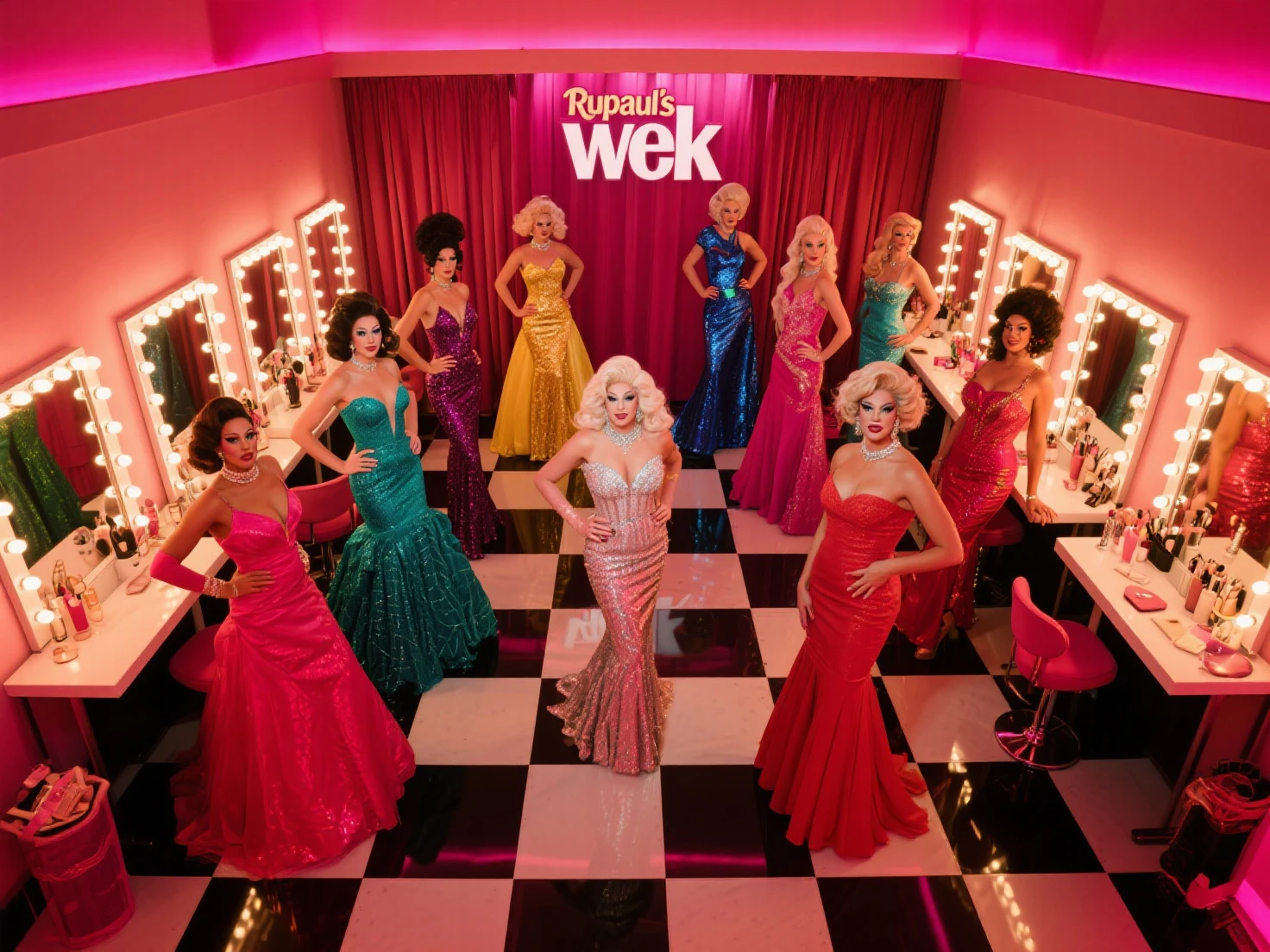 Drag show artists at nightclub entertainment performance, group of men dressed as women at night club stage, drag queens artists with exaggerated femininity