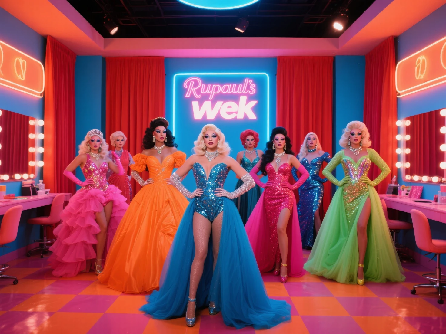3 drag queens getting off a spaceship waving with their hands up