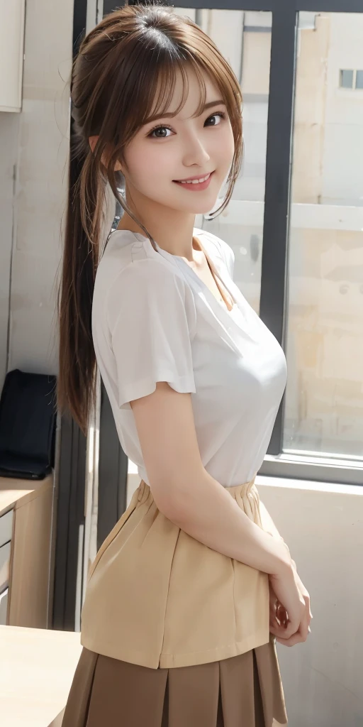 ((top-quality、8K、​masterpiece:1.3))、女の子1人、((Beautiful hair))、Beautiful woman with slender abs:1.3、(((very Bigger breasts、1.6)))、Knitted dresses:1.1、hyperdetailed face、A detailed eye、二重まぶた、(((Photograph the whole body)))、(Smile)、waist shot, Side view, Hip Curve, ((Emphasis sticking out the buttocks)),