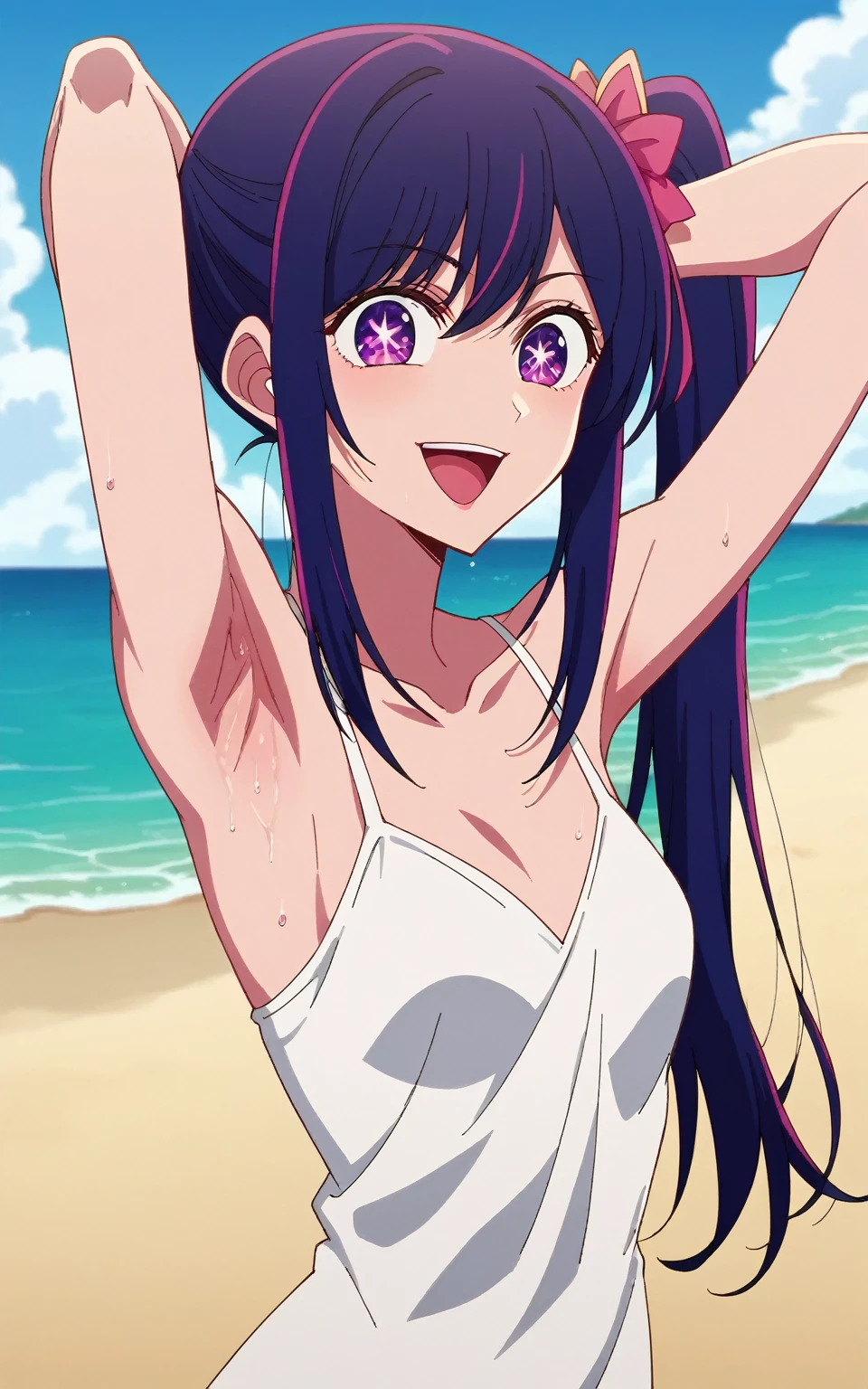 best quality, kubo_san, 1girl, white swimsuit, long purple hair, purple eyes, smile, blush,standing, arms behind back, upper body, outdoors, beach, sunshine, sea, Presenting armpit, sweaty armpit, arm up, ((condom belt)), nipples, opened clothes