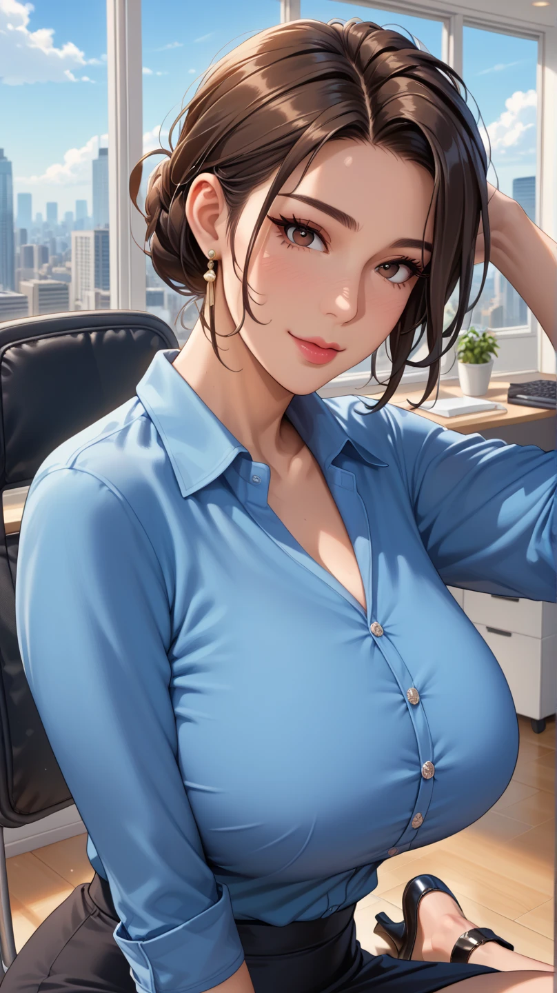 (night:1.7), Japan, Tokyo Yajo, city View, in front of a window,
Get attention、
Blue Suit、pencil skirt、White collar、cosmetic、Long sleeve、
Pink earrings、Jewel-like、Lipstick、
blue eyes、Drilling hair、Brown hair、Keep your mouth shut、Single Braid、
1 girl in、24 years old、a mature woman、beautiful fingers、beautiful long leg、beautiful身体、Beautiful nose、Beautiful character design、Perfect eyes、Face perfect、
looking at the audience、In the center of the image、
National Foundation、Official Art、Extremely detailed CG Unity 8K wallpaper、perfect ligthing、Colorful、bright_front_Face_light、
(masterpiece:1.0)、(the best_quality:1.0)、超High resolution、4k、Super detailed、
photo shoot、8K、HDR、High resolution、absurd:1.2、Kodak Portrait 400、Film particles、Background blur、Bokeh:1.2、lens flare、(energetic_color:1.2)
(beautiful turd,Large target_breast:1.4)((大breast)))breast下垂、Low-cut(((Cleavage )))、(((Wide hips,)))(((Hourglass figure)))((Long legs)), (beautiful_Face:1.5),(narrow_waist),Blush:1.3、Full of