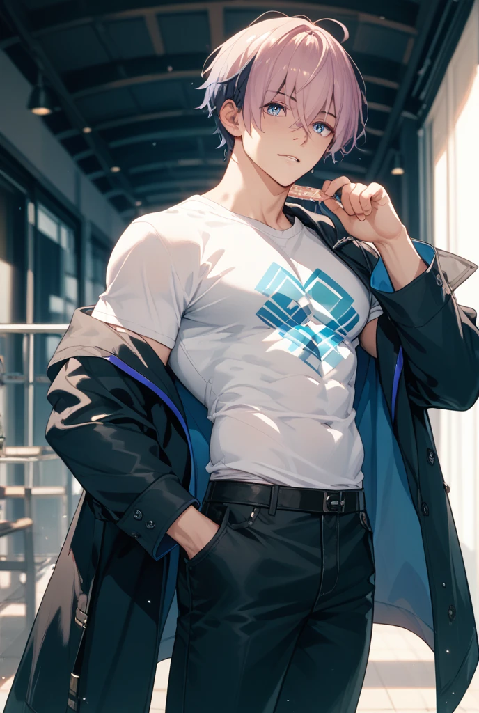 (masterpiece, best quality), 1boy, younge boy,Flat chin,is shy,ssmile,musculous, short blue-purple hair, Dark gray eyes, 复杂, (Baths), full bodyesbian,nakeness, White briefs, Open blue-purple jacket, Pectoralis abdominal muscles,vivd colour,(depth of fields:1.2),(abs),Be red in the face,looking at viewert,A piano,spread their legs,neonlight,Colorful light effects,Fluorescent effects