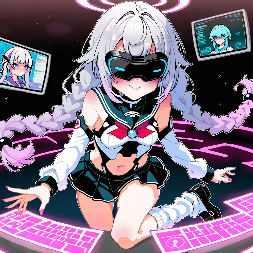 epic-Ultra-HD-details,epic-Ultra-HD-highlights,anime-upscaled-resolution,(realistic, photo-realistic:1.37),precise and realistic hair:1.1),beautiful detailed eyes,extremely detailed eyes and face,awardwinning,amazing details,super detail,best quality,1080P,8k,masterpiece,detailed skin, shadow, texture, light,
gorgeous girl，no underwear, ( long hair, white hair, blue eyes, virgin destroyer sweater, sideboob, underboob, white panties, white thighhighs, (((breast cutoff))), glowing white hair, asymmetric bangs, (kind_smile), (white short bobcut), (back side long single ponytails),(One-sided long bangs, Double V gesture, Sunburn，curtained hair, double bun, drill hair) (long single ponytail wafts to the chest), necktie between breasts, midlle breasts, Glowing, eyes, eye shadow, Eyeliner, glow dark pink succubus tail, dark blue Halo, hair strand, several girls, look at the camera, expressiveh, dark-skinned male, dark skin, official alternate costume, hetero, recording, heart, muscular, very shy, cowboy shot