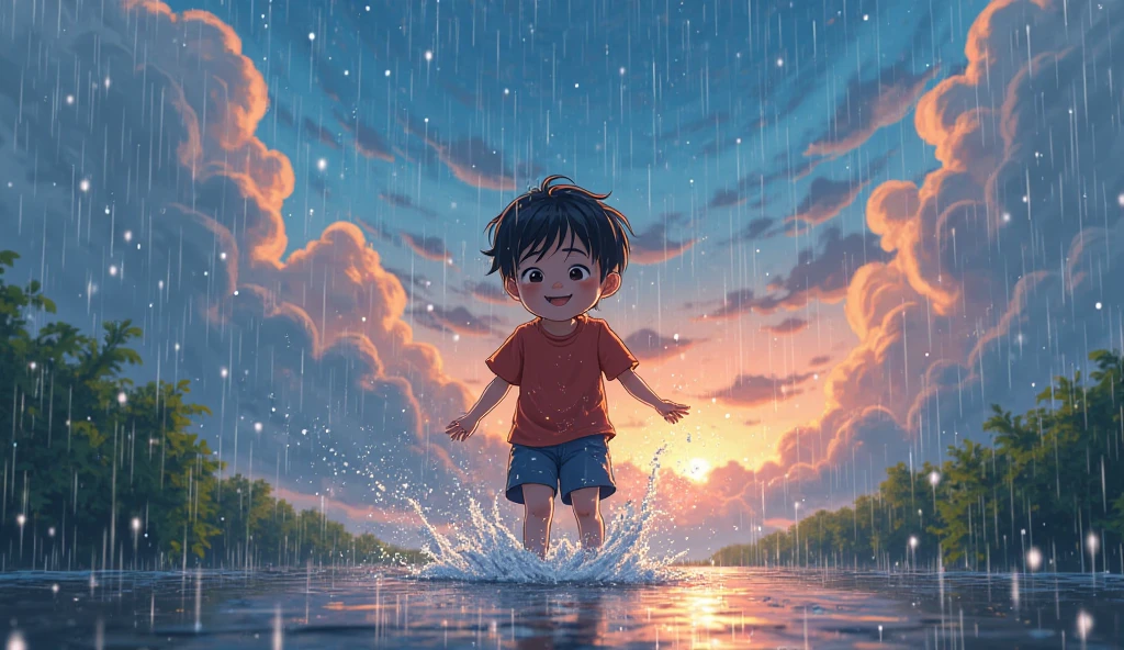 cute baby in rain all around flood sunset time and people need help