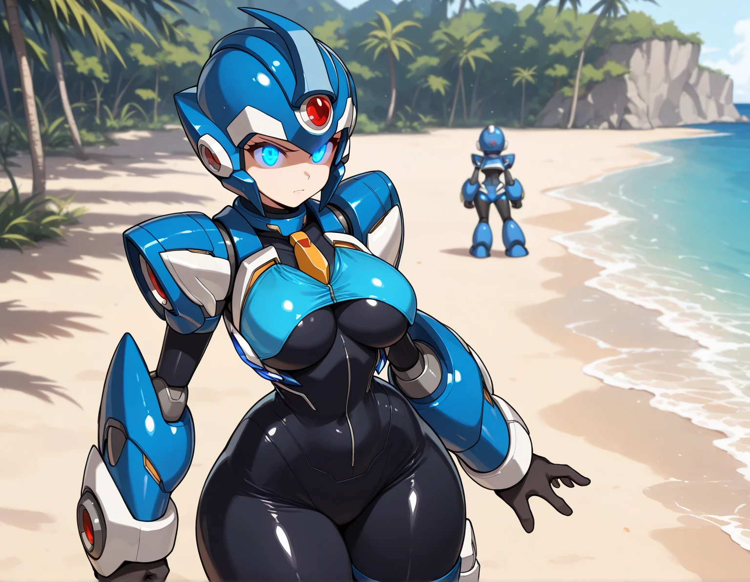 rei ayanami asuka langley kissing with big breasts and big thighs in bikini on the beach
