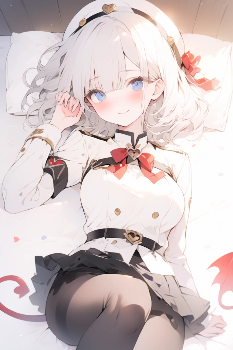 highest quality)), ((masterpiece)),Perfect Face((highest quality)）cute,beautiful girl,Pure white hair、Medium Hair、Blue Eyes.1 person、Cute, Short Hair、Beautiful eyes,Healthy Body、Beautiful breasts、8K、wallpaper、Thighs、Black gloves、Black military uniform、Black lender、Small face、smile、Black knee-high tights、Black short skirt、Thighs、star-shaped pupils、heart、 Slim body、Sitting with legs crossed