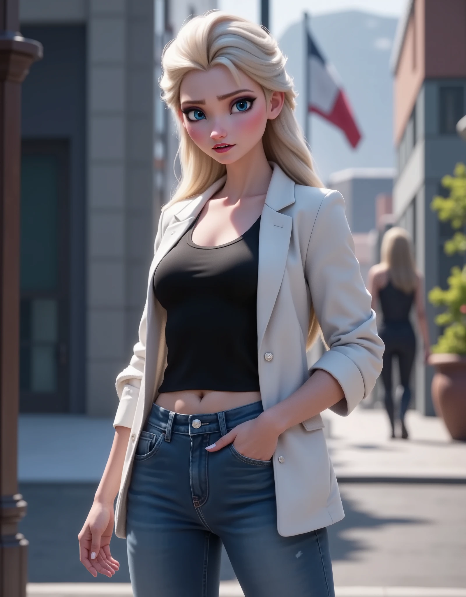 Elsa has a black shirt and white jacket, And she's wearing jeans..Get out