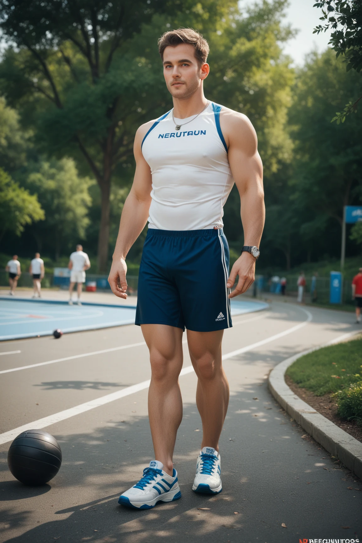 full body, <lora:sc_john-08:1> photo of sc_john,  dressed as track and field athlete, blue track uniform, shirt, shorts, sneakers, golden hour, natural lighting, track field, relaxed confident expression, strong stance