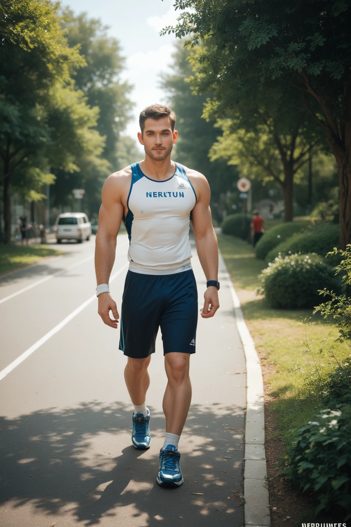 handsome guy, street football player, athletic build, Peruvian nationality, in move, one leg is bent and kicks a soccer ball, one foot is on the ground, full length, semi profile, wearing a white sleeveless tank top and black shorts, Excellent quality, Photo, excellent dentalization, high quality