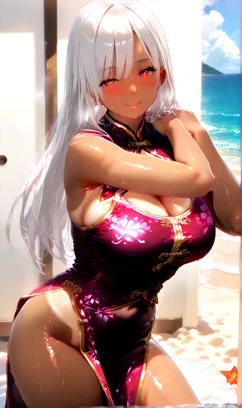 Elfa sexy, corpo tatuado, seios enormes, longos cabelos, body with accessories, pele branca, Red Demon Tail, chifres de fogo, fundo de praia com areia, ensolarado, tatuagem nos seios, joia raras, alta qualidade, 8k, advanced graphics, corpo oleoso, olhos verdes, brincos grandes, tiara dourada, detailed hands, dedos suaves, ray tracing, placa 4090, extremamente detalhado, Thin Hands, sensitive fingers, pele brilhosa, tatuagem de rena no corpo todo, cabelos extremamente longos, cabelos lisos,bikinis amarelo e preto,