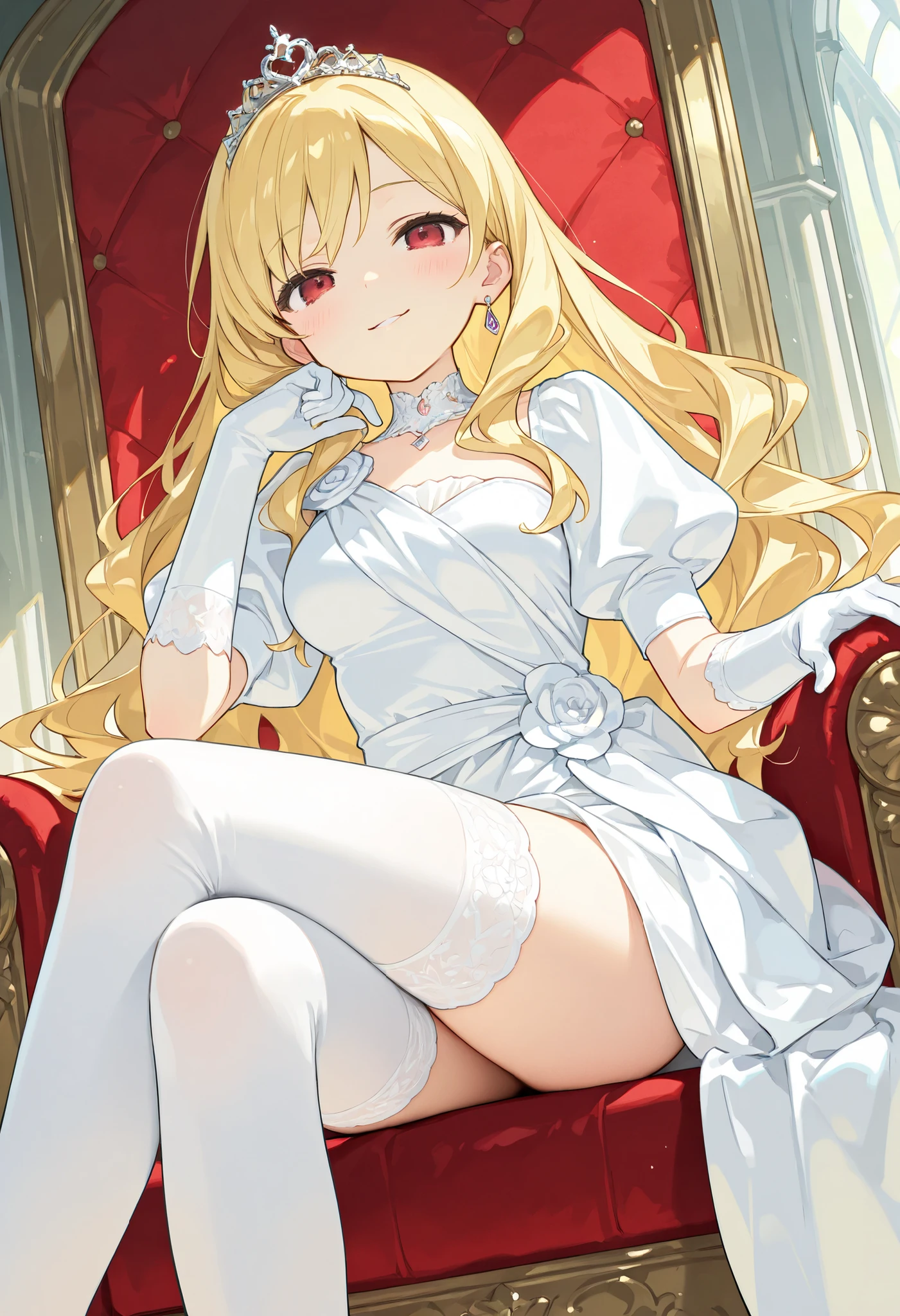 masterpiece, top quality, best quality, amazing quality, very aesthetic, absurdres, beautiful and aesthetic, medieval fantasy, cheerful expression, anime_key_visual, ((from left diagonal below:1.5)), (depth:1.0), 1girl, cute, gentle smile, (highly detailed beautiful face and eyes), (blonde hair:1.0), (wavy hair:0.8), (long hair:1.0), jewelled tiara, (dark red eyes:1.0), ultra detailed eyes, beautiful detailed eyes, elegant, white princess dress, puffy sleeves, white long gloves, medium breasts, elegant thighs, sitting on the throne, white stockings,