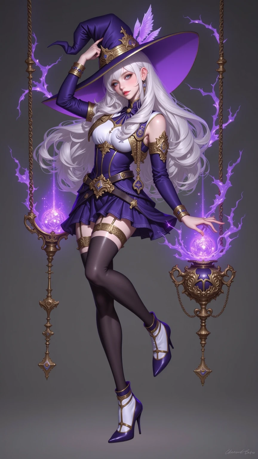 (((extremely detailed face))),(((best quality)))1 woman, 8k, a beautiful blonde sorceress in black clothing, black cape with purple details and high boot, standing on a platform, ((standing and front)), looking at the viewer, (extremely intricate robes, magic robes), more detail in the magic circle in the background, magic circle, casting a spell, black aura,costume cloak, spell pose, female wizard conjuring a spell, magic, purple and black, night, purple star talisman, pores detailed, arms open