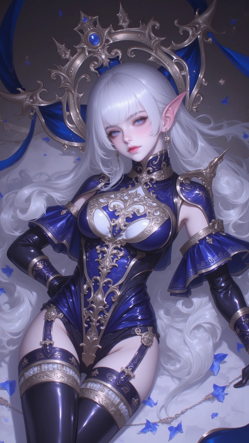 (1girl, solo, masterpiece, 4k, best quality:1.2, best quality:1.2, NICE HANDS, COLORFUL, (perfect hands, perfect anatomy)),
narmaya, long hair, horns, solo, pointy ears, hair over one eye, large breasts, hair ornament, braid, very long hair, cleavage, bare shoulders, black gloves, thighhighs, thigh strap, elbow gloves,
((MEDIUM breasts, big hips, looking at the viewer)),
beautiful eyes, very detailed eyes, intricated details, (blue eyes), rounded eyes, reflection in eyes, (crystal eyes), squatting,
((simple background, white background)), sexy toon,
<lora:GoodHands-vanilla:0.7>