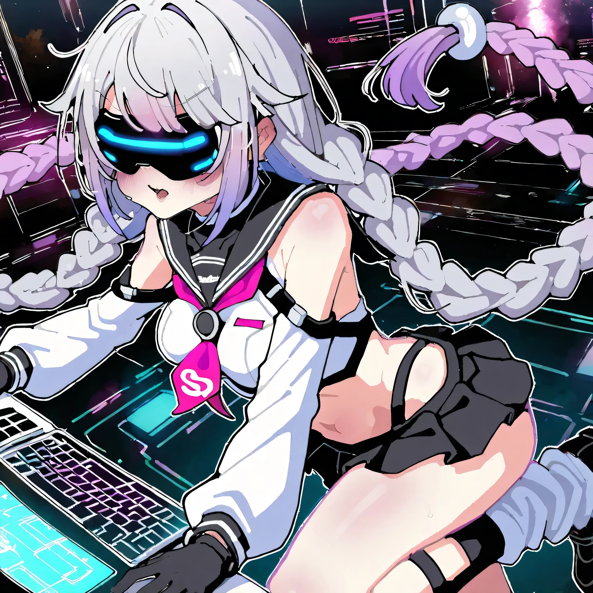 best detail,(((Inhime、cpu))),(((ar,vr,Kakure Hime has a scout where mathematical formulas are projected)))、1GIRL,pretty face、Babyface、(((dynamic best composition、Top quality、Supreme Masterpiece、Super Detailed、high definition、CG、HHD、16K))), (The woman has long purple and white gradation braids),bare skin shoulders, Black Skirt, gray hair, (High School Girl/sailor suit, which cools laptop parts with water magic, and a newly designed sailor suit that combines cyberpunk、white loose socks、 shoulder、black loafers 、 Side Cutout,Exposed Navel, Side Cutout、Sailor Suit Line Neon Color)、Neon Color Palette、 Clear Outline 、Detailed purple gradient eyes、fashion that glows in the dark、The World of Electronic Circuits、near future、Neon colored math formula on a simple black background、Vivid Color、