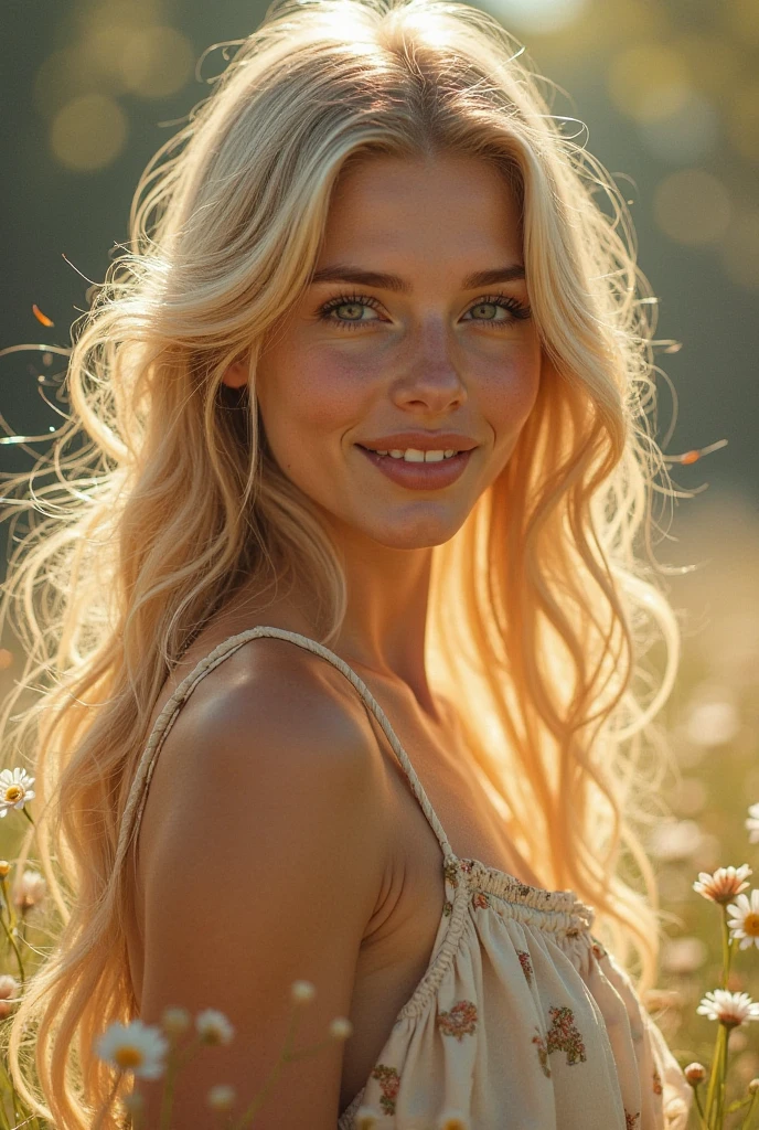 Hyper realistic and detailed full body photo of one young smiling blonde beautiful a woman. Orange Cloudy Sunset. Sharp light. perfect eyes, (Eye makeup:1.1), (highly detailed skin:1.1), RAW, analog style, sharp focus, 8k UHD, DSLR, high quality, Fujifilm XT3, grain, award winning, masterpiece.