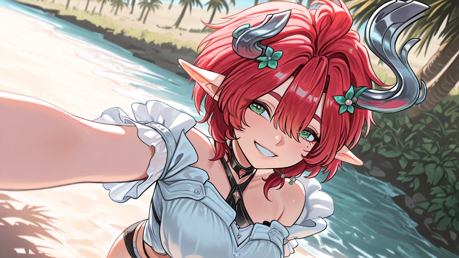 score_9,score_8_up,score_7_up, source_cartoon, source_furry, dragon girl, dragon tail, white dragon horns, brown hair, spiky bangs, long dreadlocks ponytail, dreadlocks side hair, blush, looking at viewer, smile, animal nose, 1girl, pointy ears, furry female, two tone body fur, lime body fur, clear lime body fur, medium breasts, ((red headscarf on head, white shirt, open clothes, dark red fringed triangle bikini)), beach, clear sky, blue eyes, blush, :3, navel, uperbody, standing, skinny,