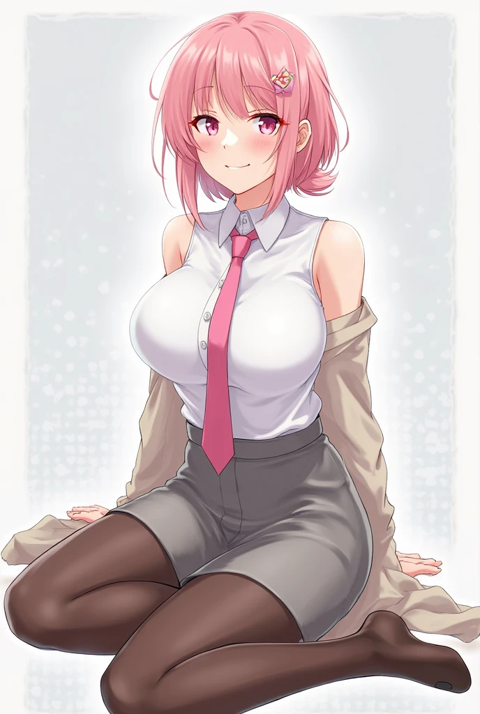 turn around、back、Ultra-detailed illustrations、Ultra-precise expression、masterpiece、Highest quality、ultra High resolution、High resolution、Hiromitsu Takeda Style、White background、Simple Background、One girl、solo、Mash Kyrielight、light purple hair,short hair,hair over one eyes、Black sleeveless dress, White collar、Red tie、Black Pantyhose、Purple panties、Brown boots、Purple eyes、Vulgar expression、smile、Open your mouth、blush、Large Breasts、Big Breasts、Choker of Hearts、White Breath、Sweat、Glowing Skin、shiny skin、Angle behind、View your viewers、Place the index finger of one hand over your mouth、