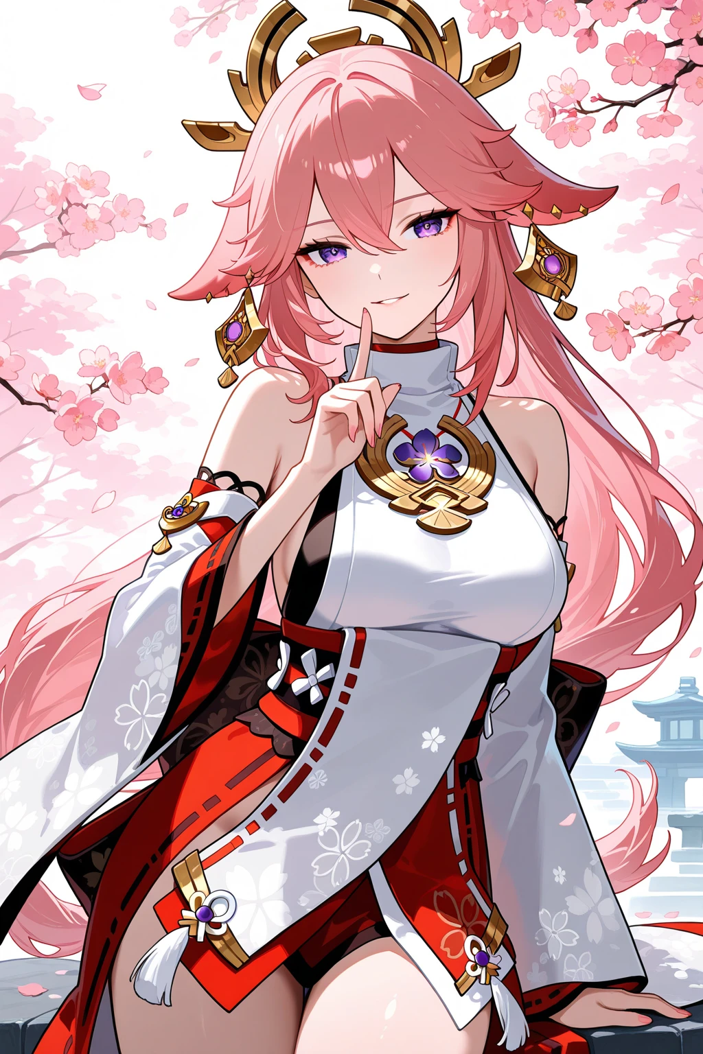 1girl, (ulzzang-6500:0.7), kpop idol, yae miko, detached sleeves, bare shoulders, pink hair, long hair, japanese clothes, best quality, (painting:1.5), (hair ornament:1.35), jewelry, purple eyes, earrings, breasts, torii, cherry blossoms, lantern light, depth of field, detailed face, face focus, ribbon_trim, (looking at viewer:1.25), nontraditional miko, shiny skin, long sleeves, smile, thick lips, game cg, hands on lips, east asian architecture, (blurry background:1.2), sitting, upper body,