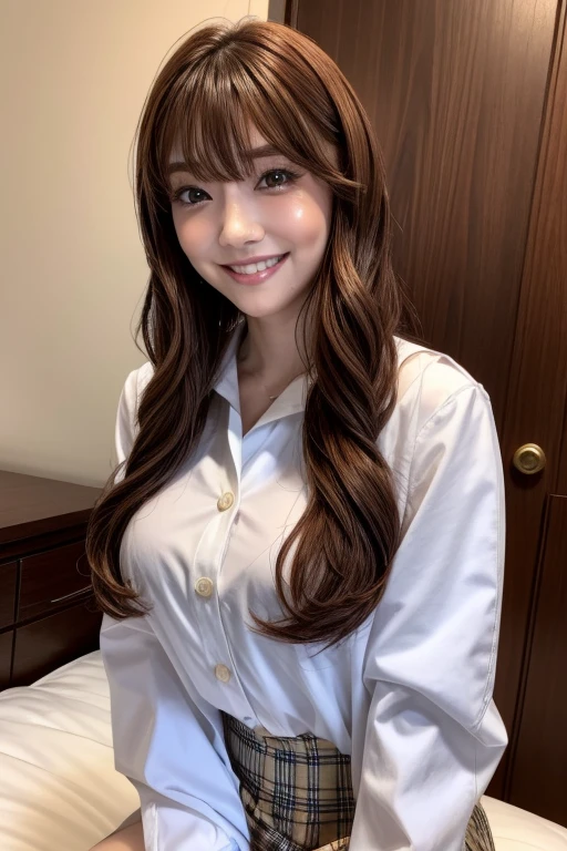 (8K、Live shooting、highest quality、masterpiece:1.2、optimal lighting),(Photo taken by a professional photographer),(real、photo real:1.4),break,(1 woman、Japanese、30 years old、Refreshing、clear、seems kind、stylish、(narrow eyes),(long eyes)、Pitiful、cute like an angel、cute、black eyes、Idol,actress,),(very cute)、(chestnut hair:1.4),(curly hair:1.4),(medium long hair),(enchanting eyes),(highlight on eyes:1.4)、{ (Pink theme:1.2),(nurse costume),(nurse), (nurse uniform:1.4),(Skirt)}, break, break,(Hospital,hospital room),(on the bed),(night),break,,break,( Smile:1.2),(sitting on the bed),( face facing the viewer:1.0),night