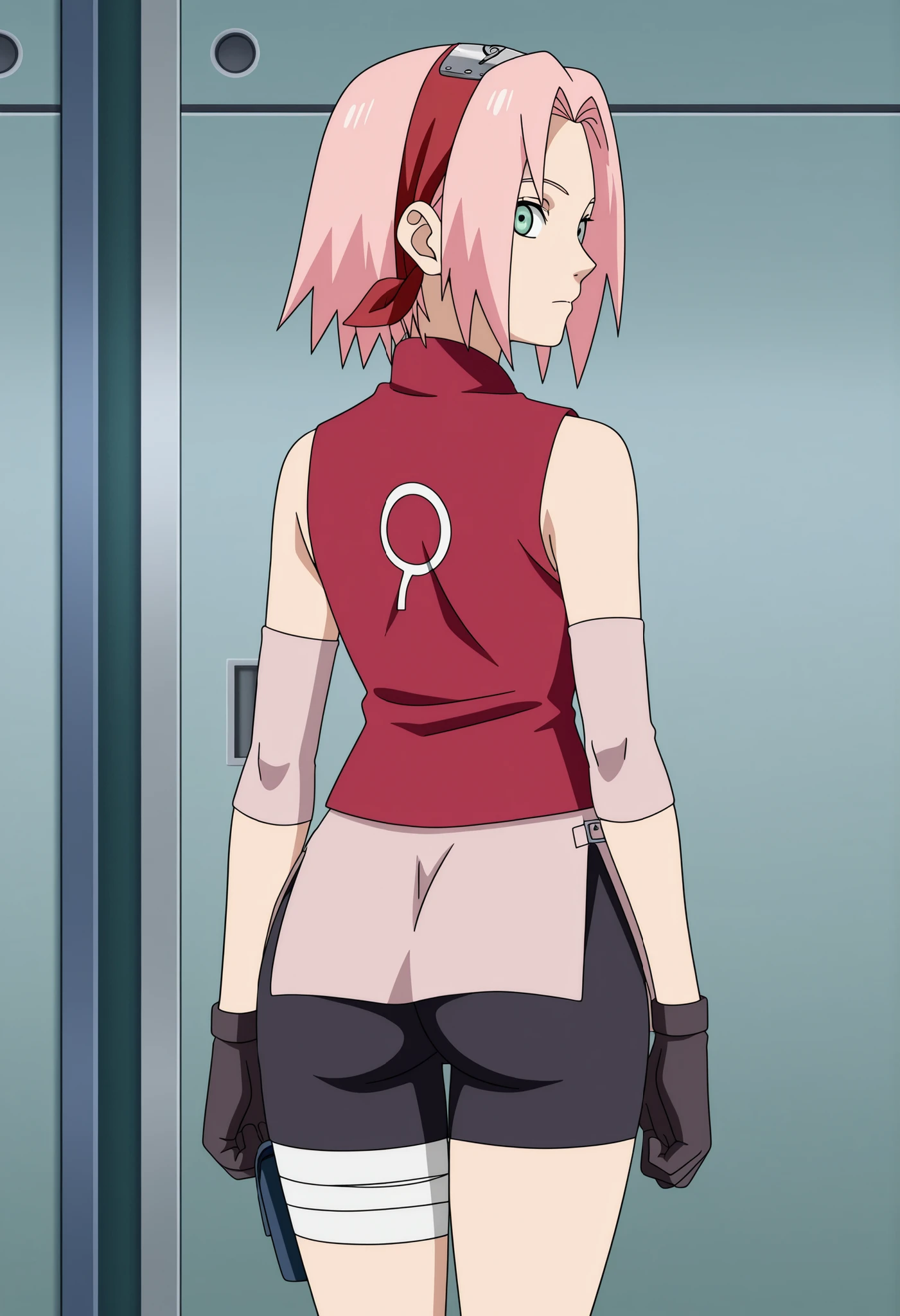 score_9,score_8_up,score_7_up,source anime,anime screencap,anime coloring,intricate details,fake screenshot,masterpiece,best quality,very aestheticanime screencap,anime coloring,Japanese TV anime style,, amazing quality,,
harunosakura, 1girl, pink hair, green eyes, short hair, black gloves, elbow pads, sleeveless shirt, looking at viewer, pink skirt, forehead protector, bandaged leg, black shorts, konohagakure symbol, red shirt, haruno sakura, soft thighs,from back, nearly By butt,big butt
